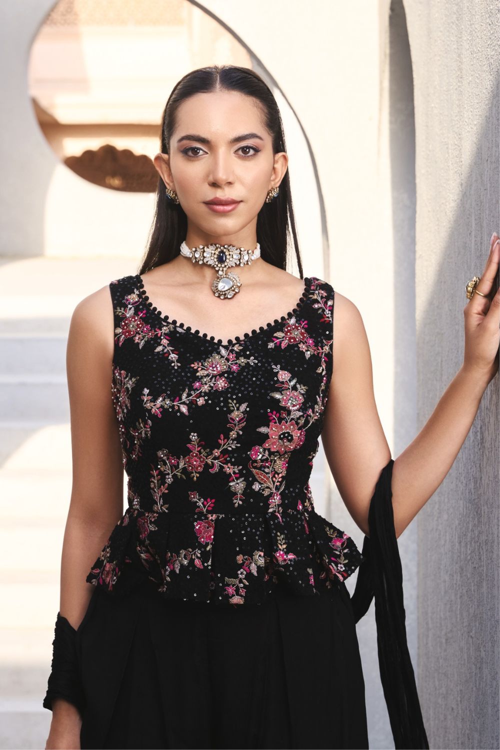 Black Embroidered Georgette Palazzo Set with Sequin & Resham Work