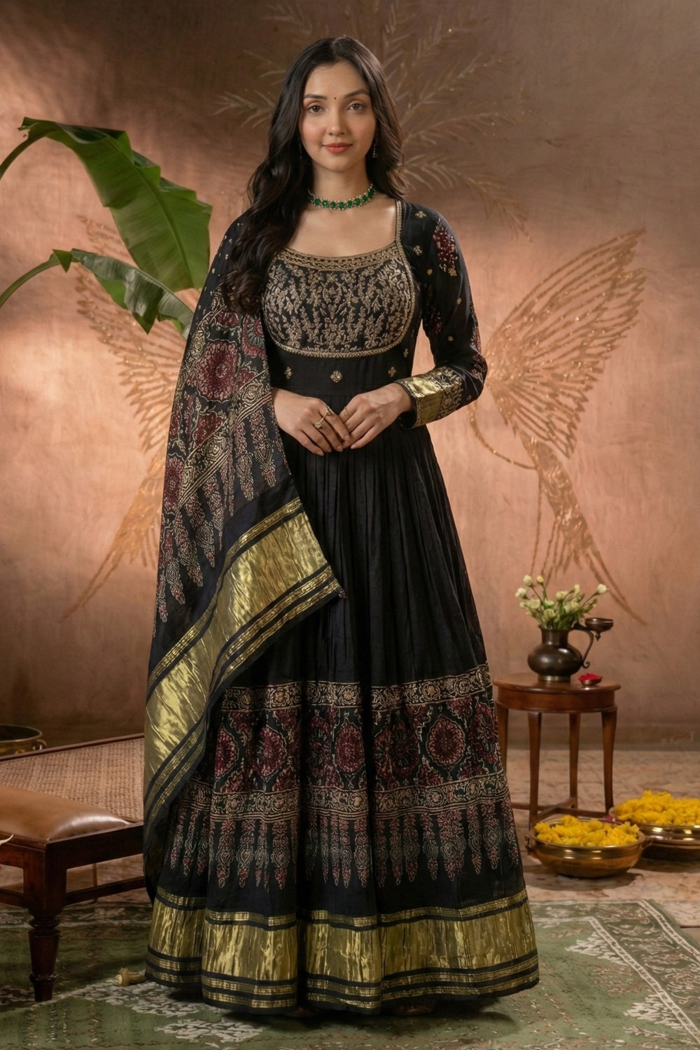 Black Gajji Silk Anarkali Set with Cutdana and Sequins Work