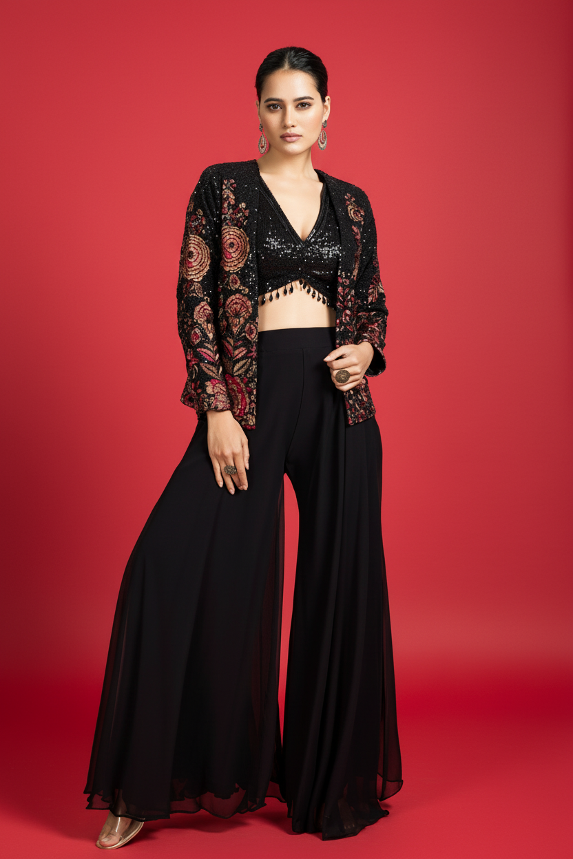 Black Georgette Crop Top Palazzo With Sequin Work And Embroidered Jacket