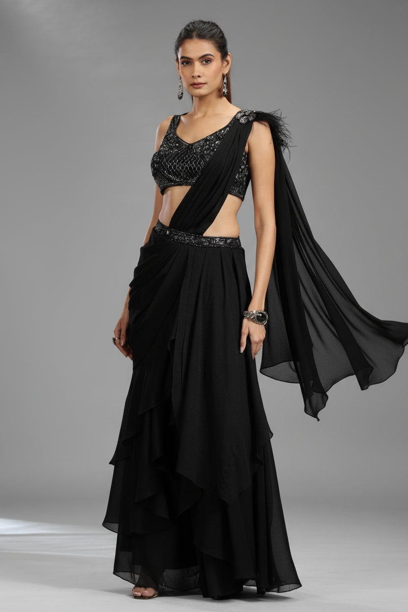 Black Georgette Drape Saree with Cutdana and Beads Work