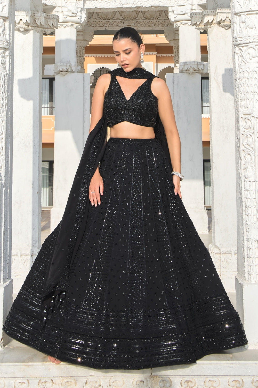 Black Georgette Lehenga Set with Cutdana and Moti Work