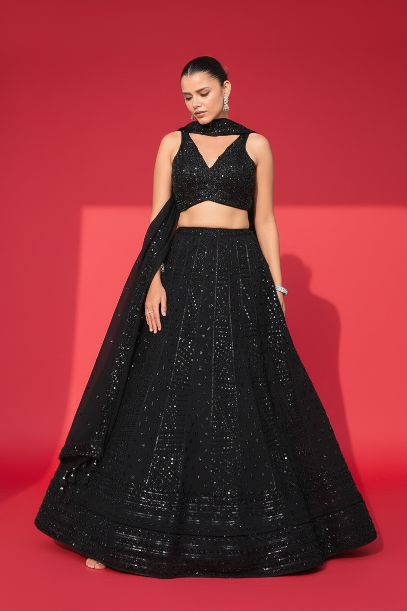 Black Georgette Lehenga Set with Cutdana and Moti Work