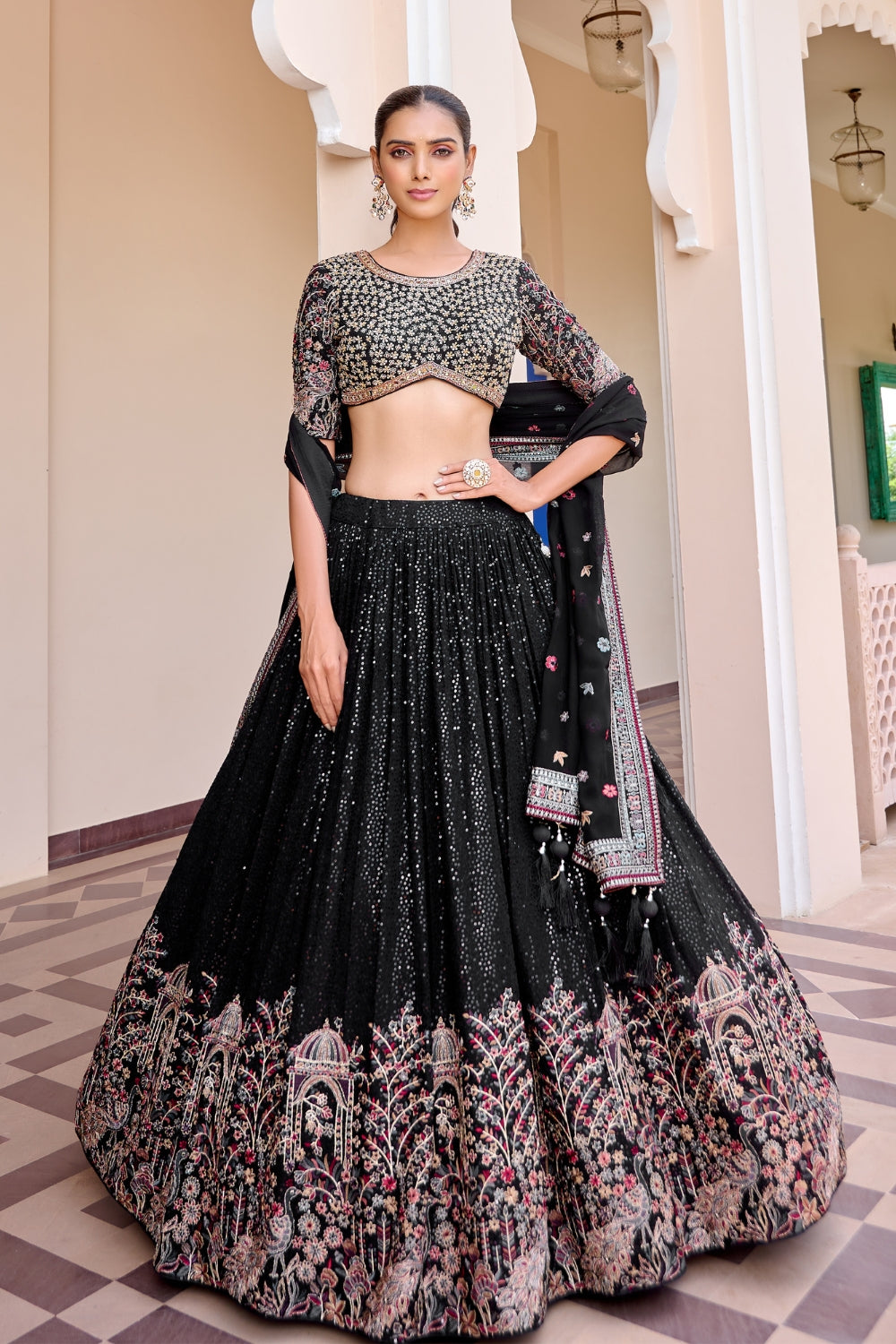 Black Georgette Lehenga Set with Cutdana and Sequins Work