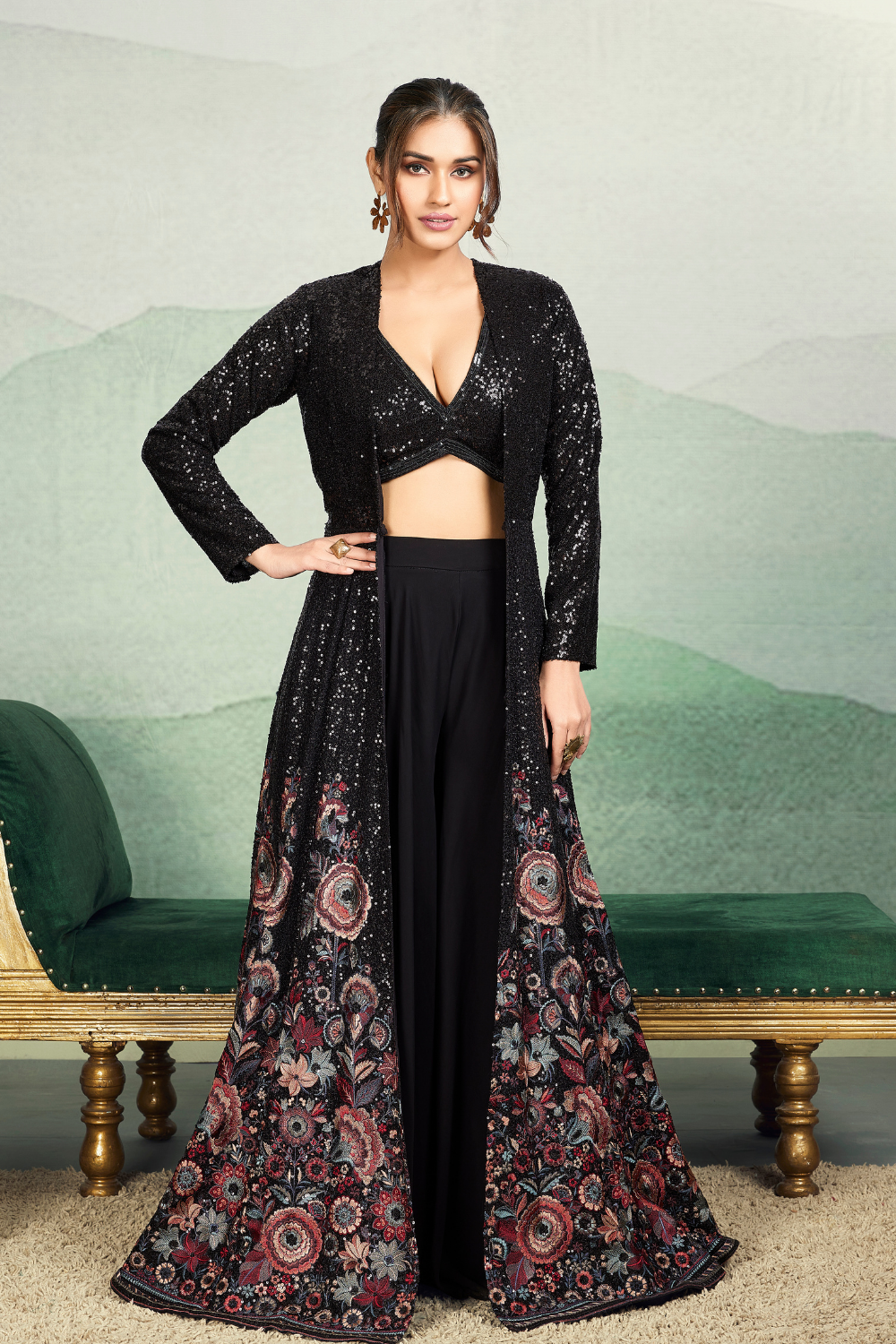 Black Georgette V Neck Crop Top Palazzo With Long Jacket