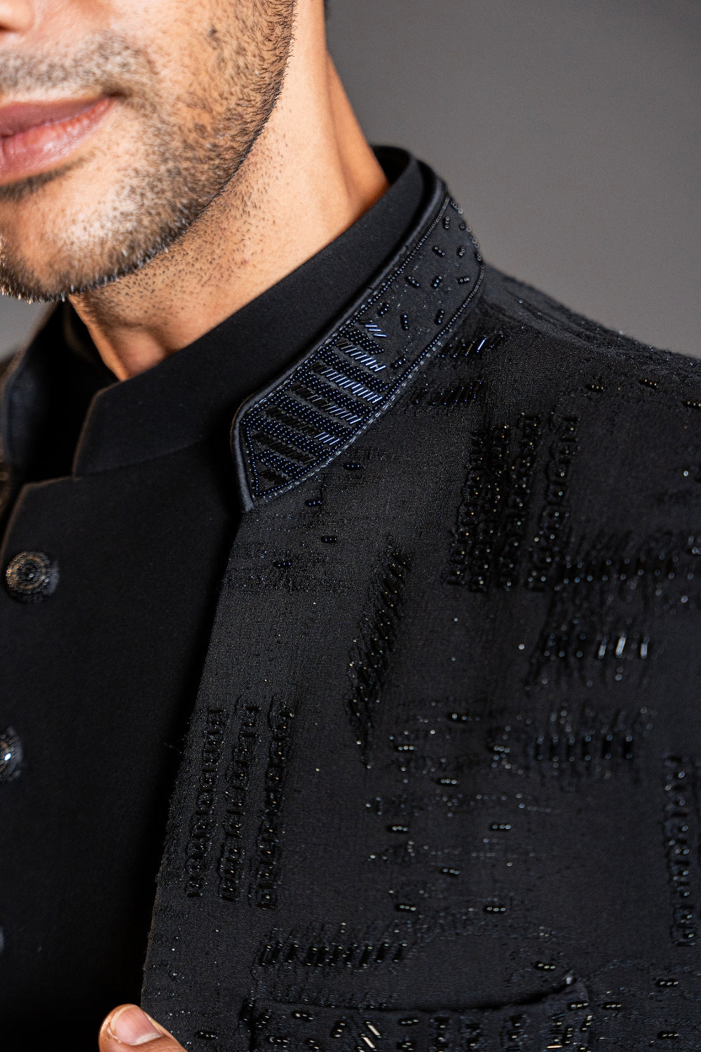 Black Imported Indo Western with Moti and Cutdana Work