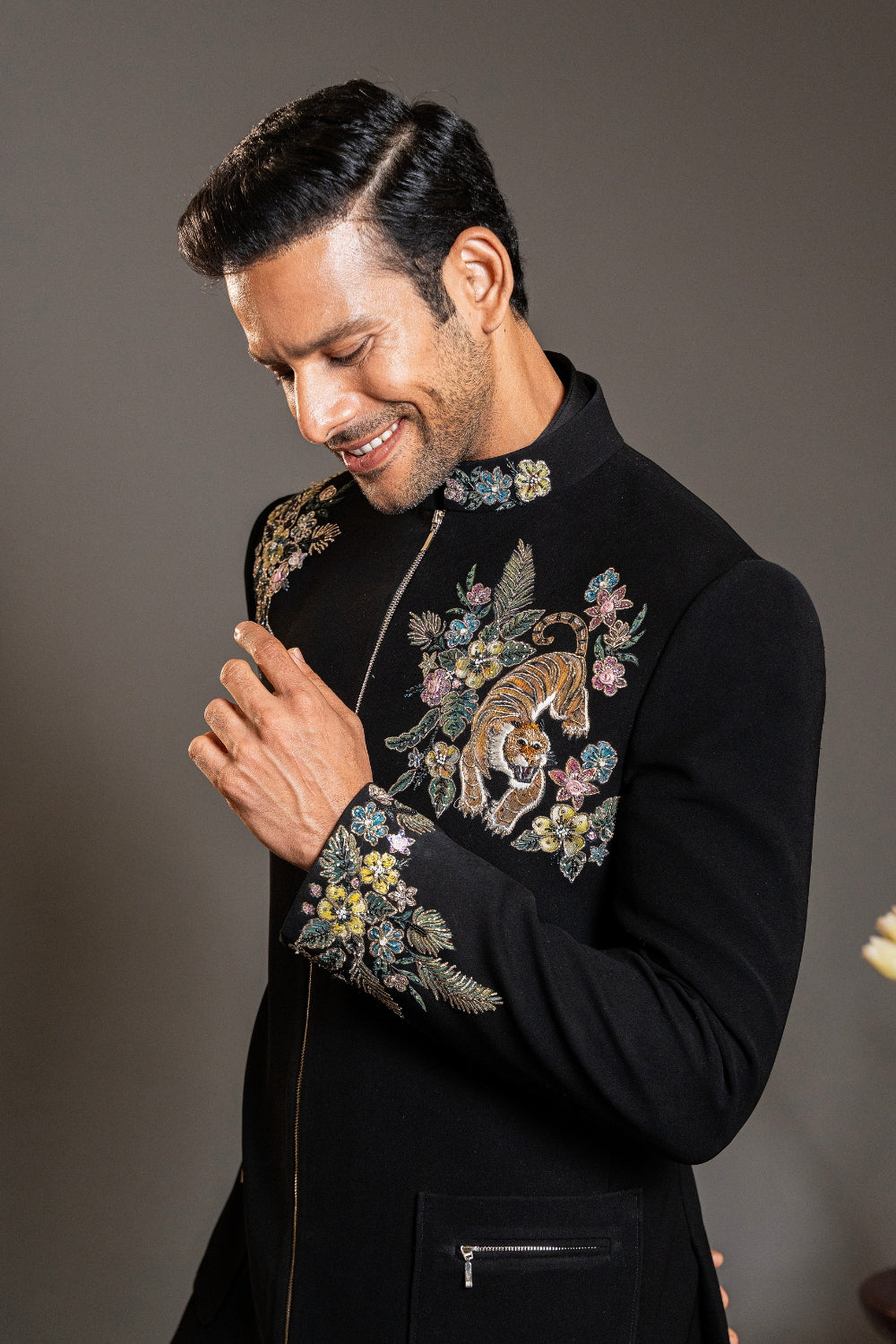 Black Imported Indo Western with hand painting and Aari Work