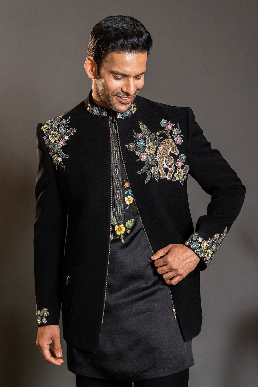 Black Imported Indo Western with hand painting and Aari Work