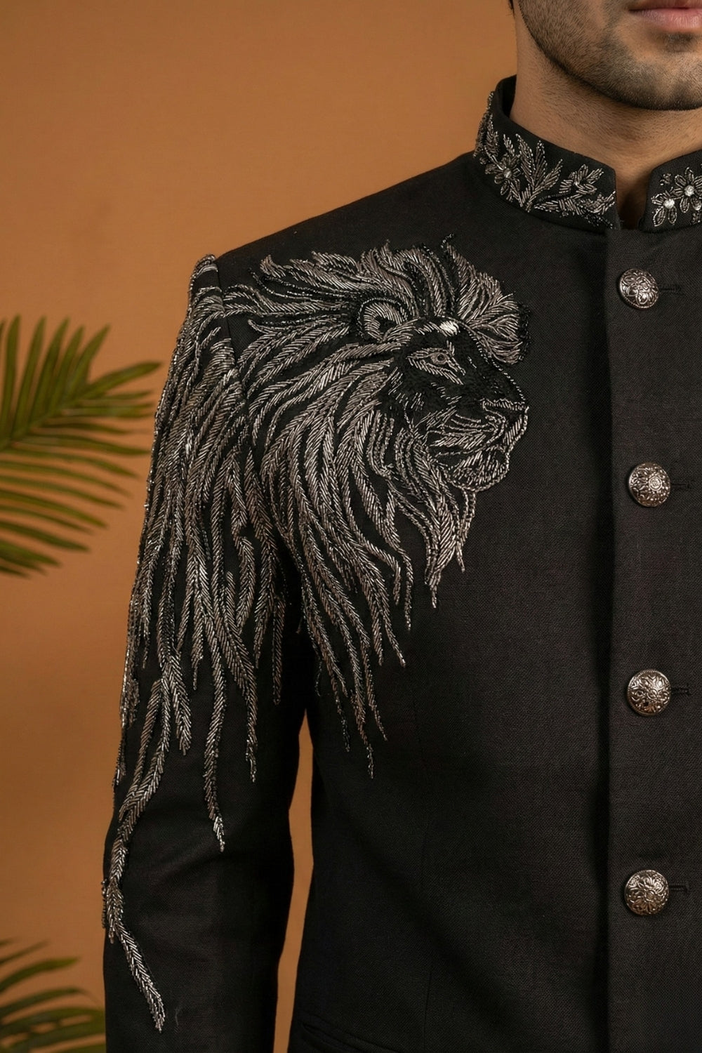 Black Imported Jodhpuri Set with Cutdana and Moti Work