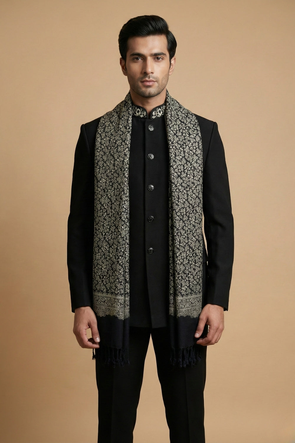 Black Imported Jodhpuri Set with Embroidery and Moti Work