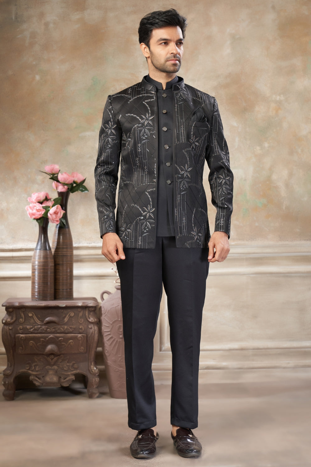 Black Imported Jodhpuri Set with Embroidery and Sequins Work