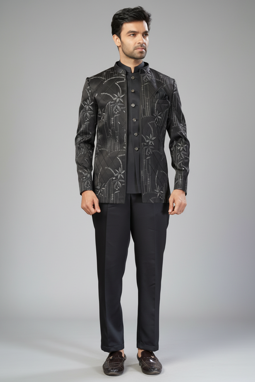 Black Imported Jodhpuri Set with Embroidery and Sequins Work