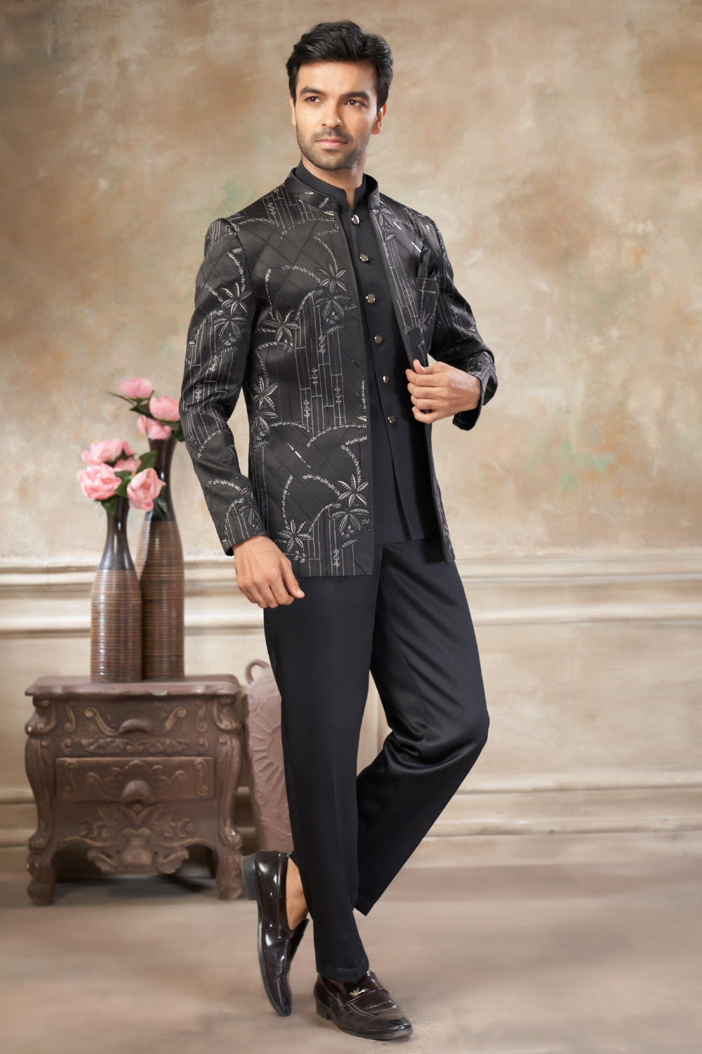 Black Imported Jodhpuri Set with Embroidery and Sequins Work
