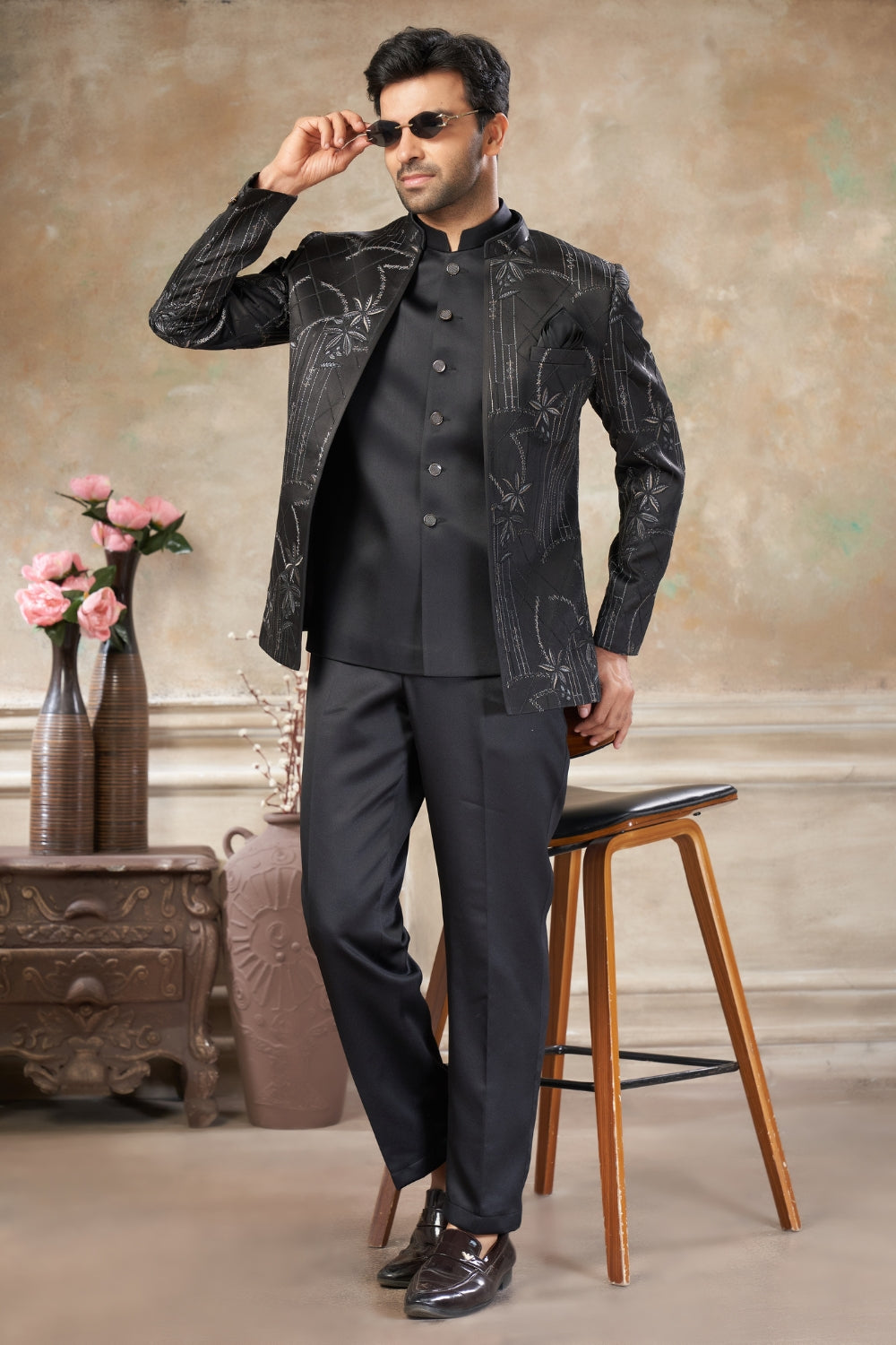 Black Imported Jodhpuri Set with Embroidery and Sequins Work
