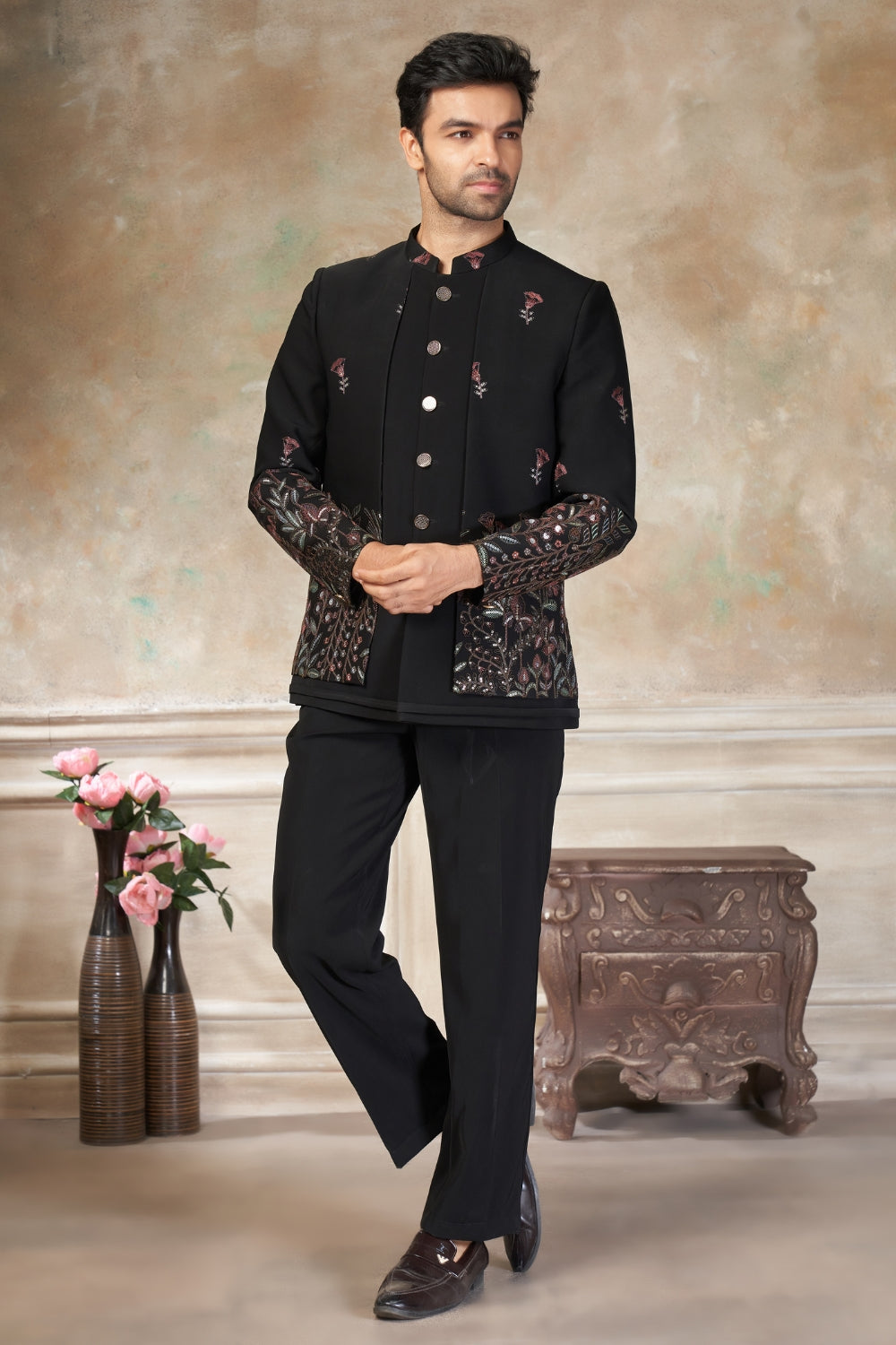 Black Imported Jodhpuri Set with Embroidery and Sequins Work