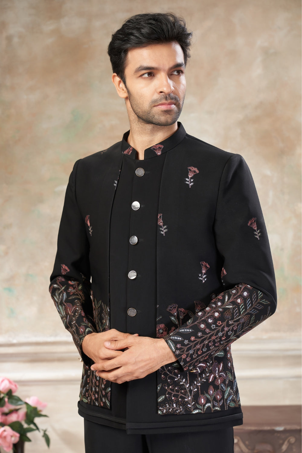 Black Imported Jodhpuri Set with Embroidery and Sequins Work