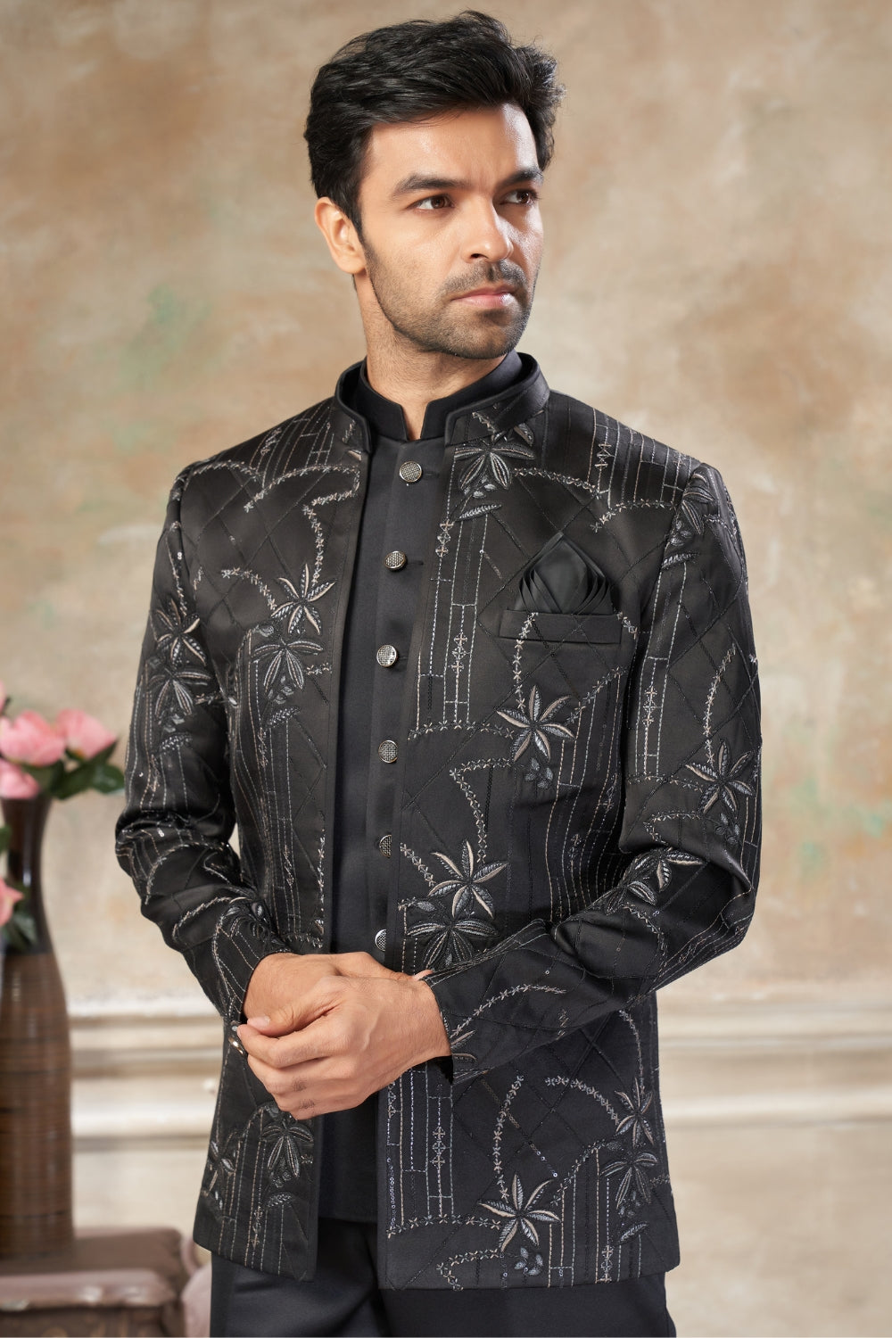 Black Imported Jodhpuri Set with Embroidery and Sequins Work