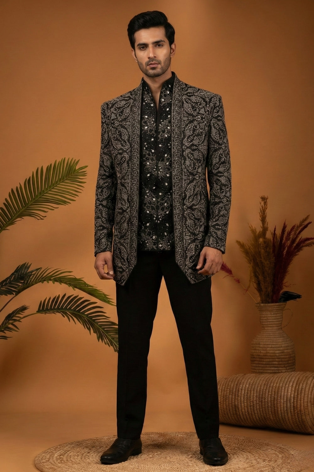 Black Imported Jodhpuri Set with Moti and Cutdana Work