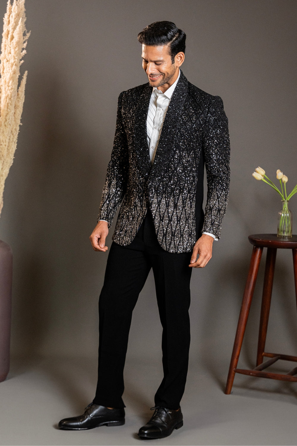 Black Imported Tuxedo with Sequins and Cutdana Work