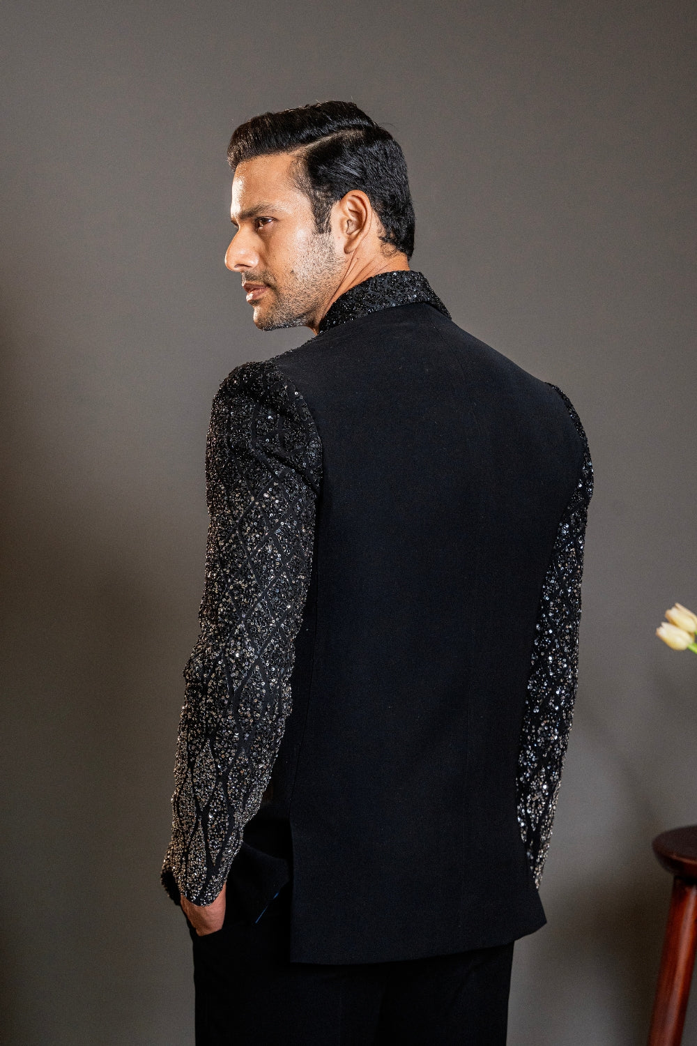 Black Imported Tuxedo with Sequins and Cutdana Work