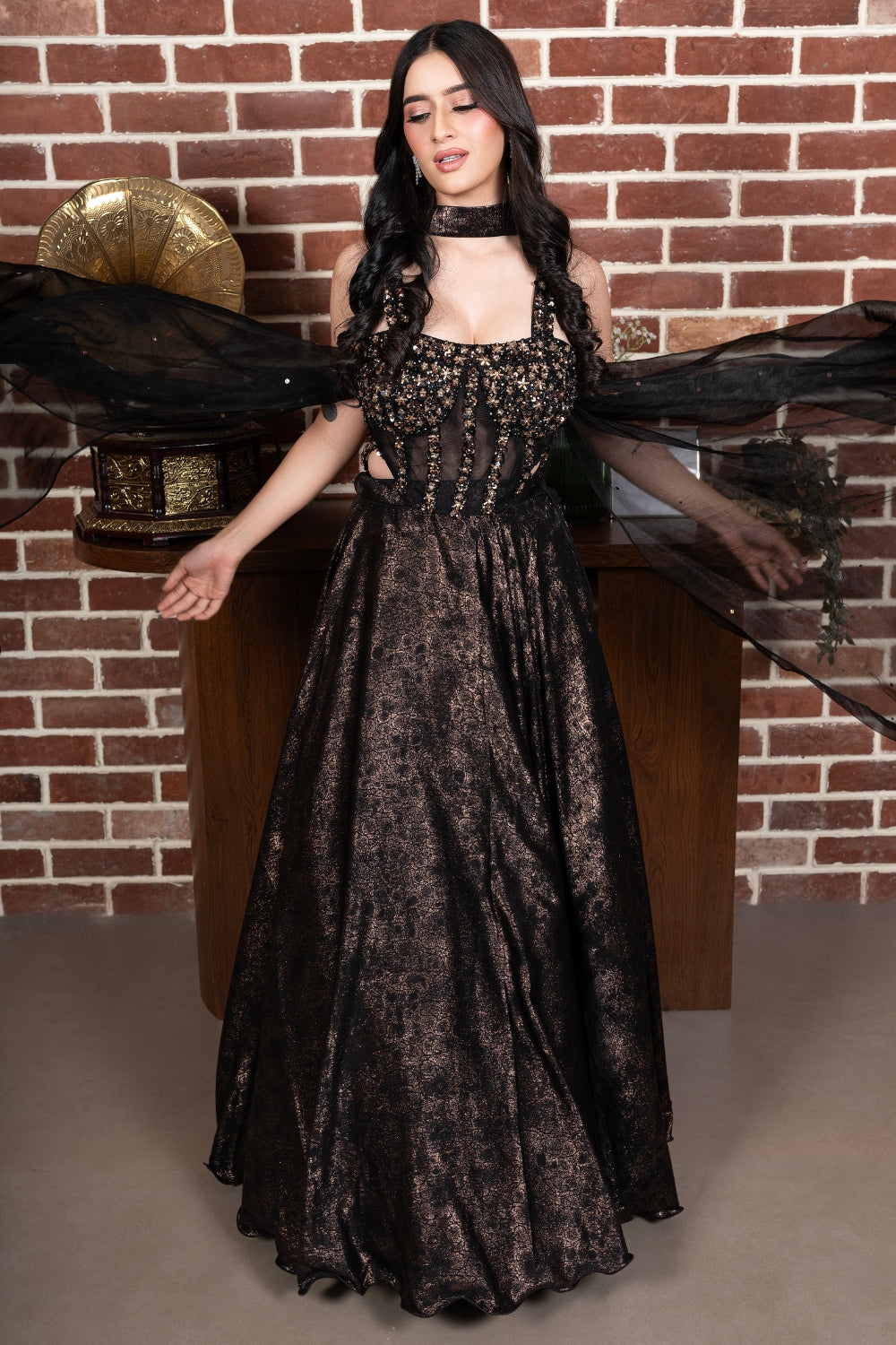 Black Lehenga Choli with Cutdana and Stone Work