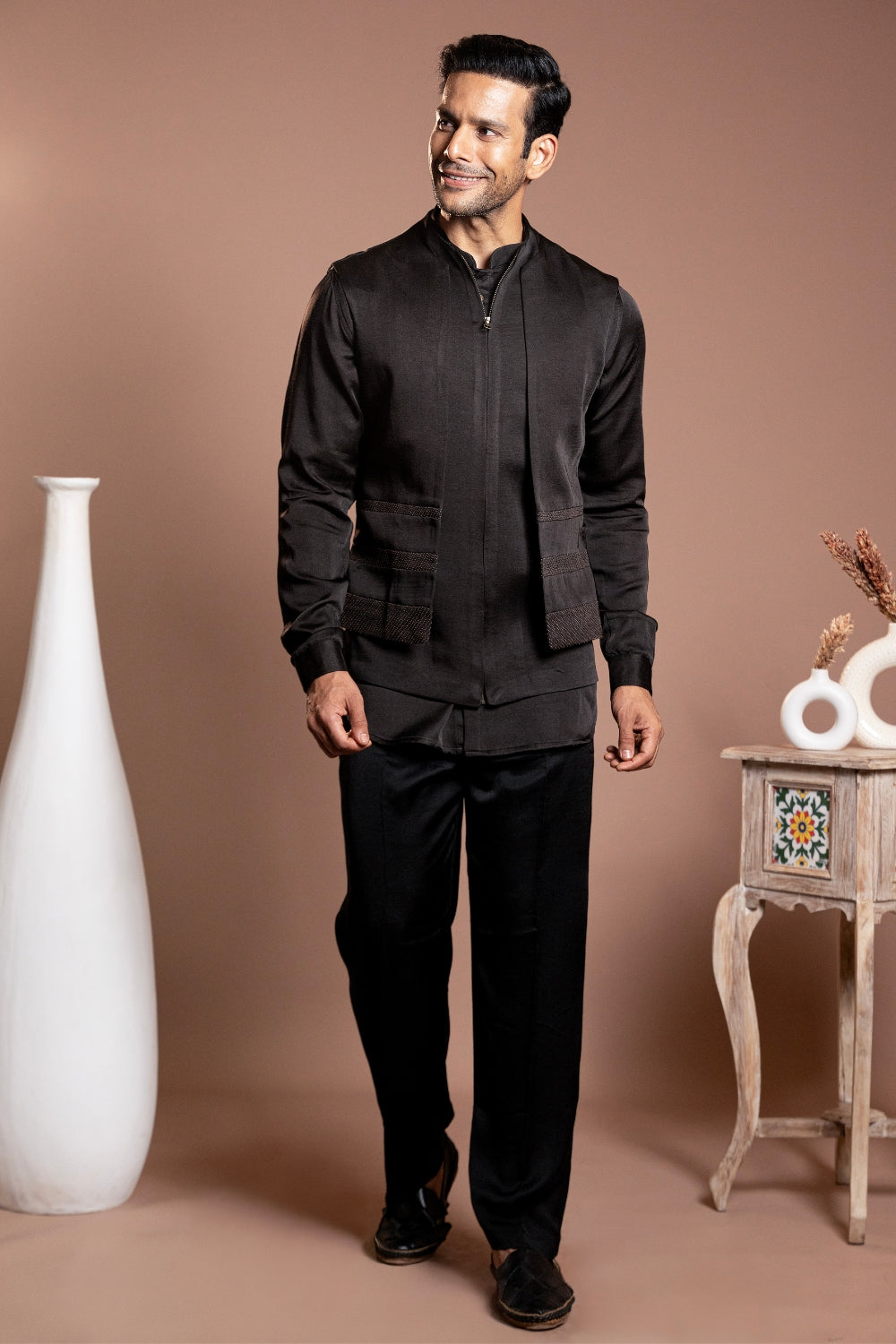 Black Linen Satin Koti Set