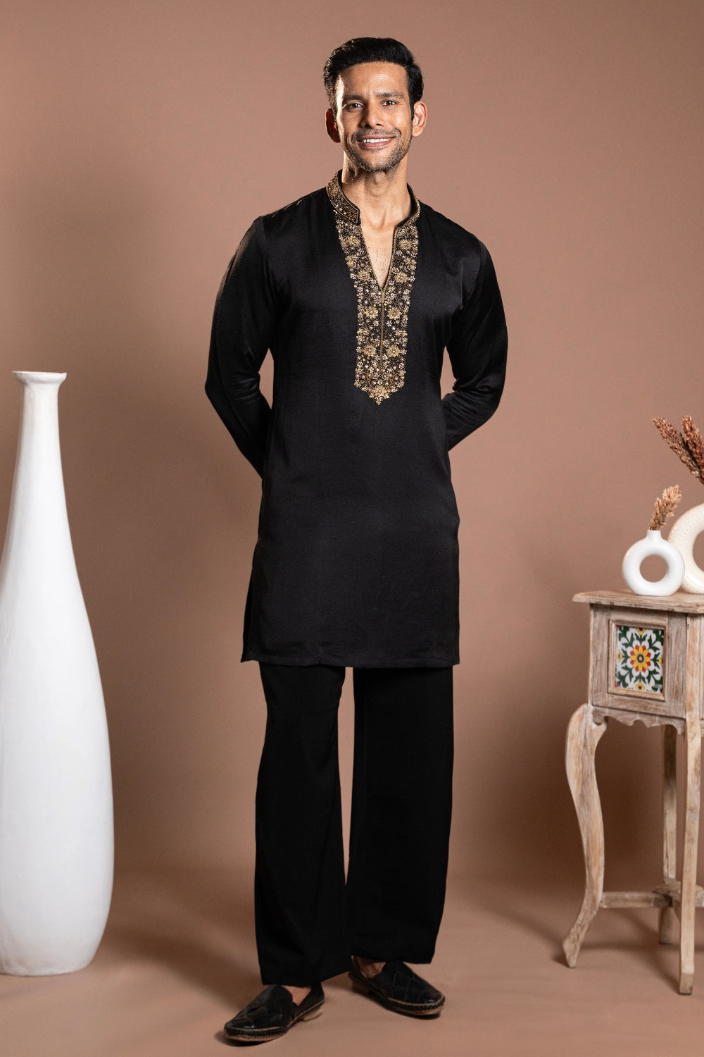 Black Linen Satin Kurta Set with Zardosi and Moti Work
