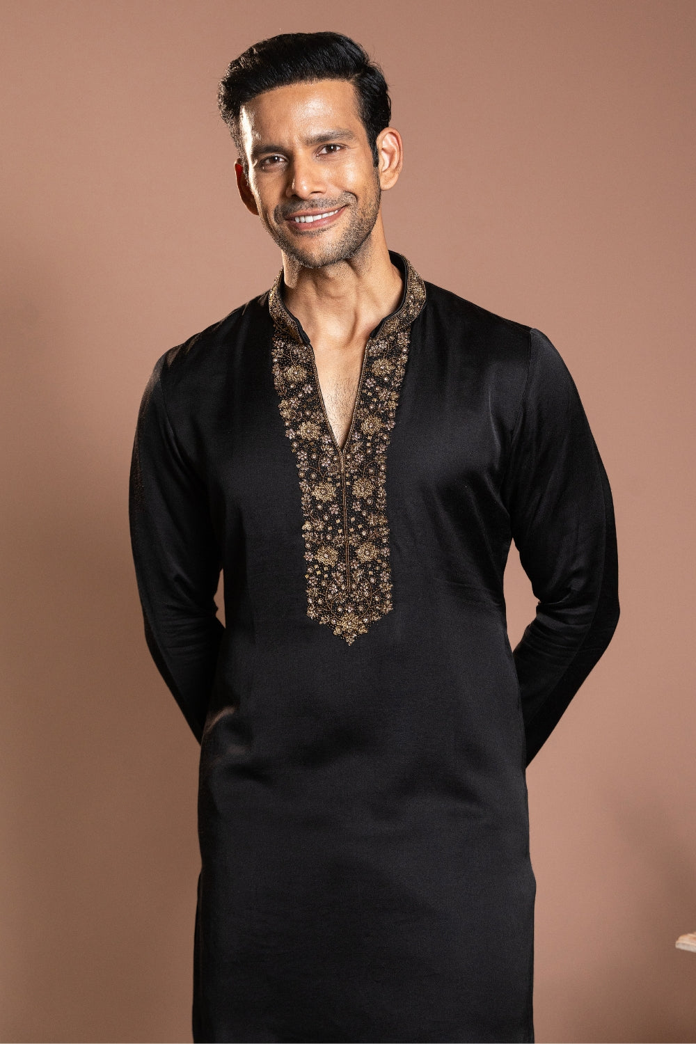 Black Linen Satin Kurta Set with Zardosi and Moti Work