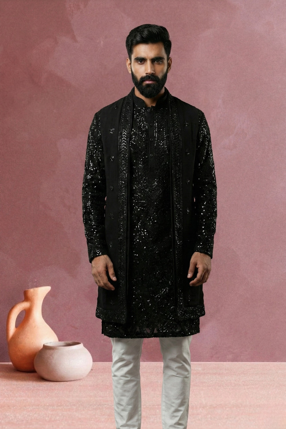 Black Net Kurta Set with Sequins Work