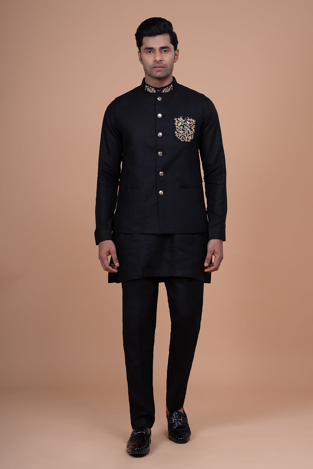 Raw Silk Nehru Jacket with Gold Zari Bird and Floral Chest Embroidery.