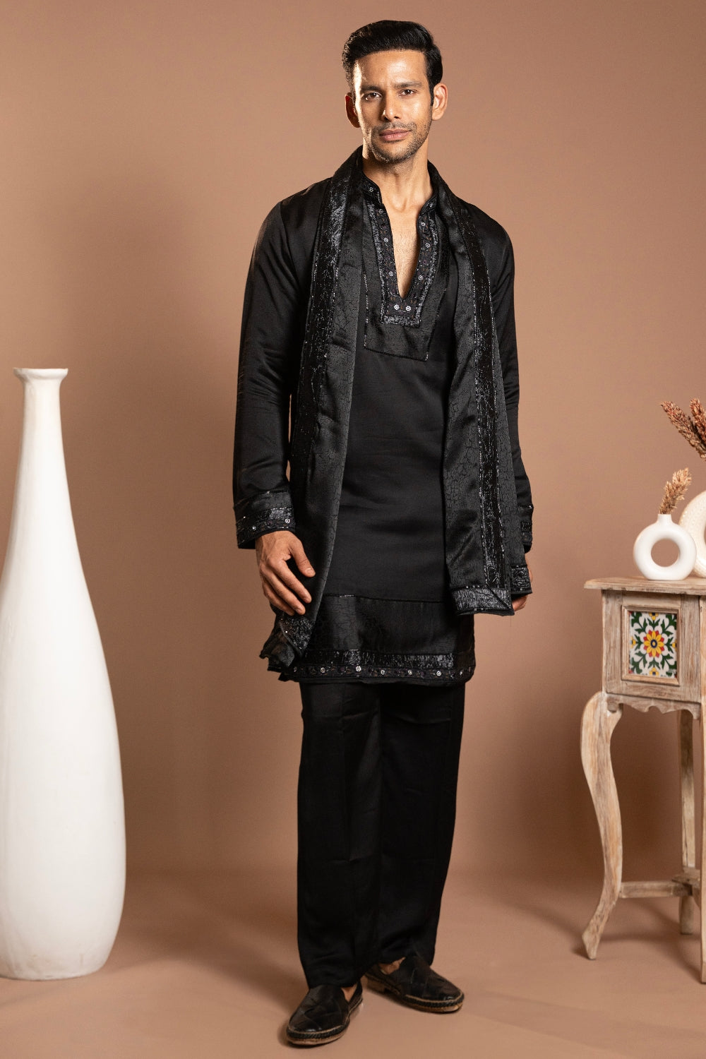 Black Satin Linen Kurta Set with Stone and Cutdana Work
