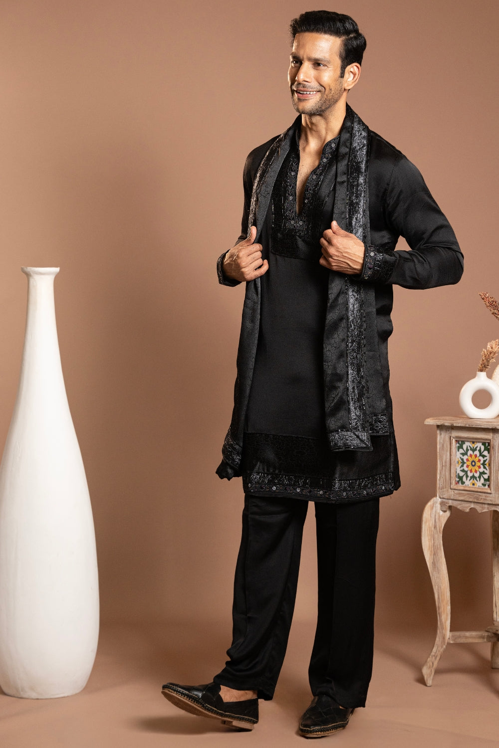 Black Satin Linen Kurta Set with Stone and Cutdana Work