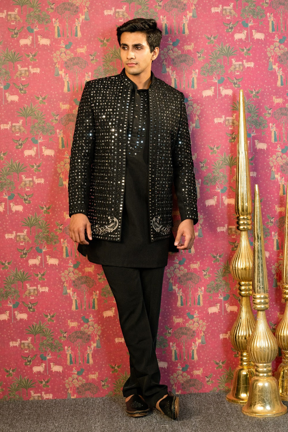 Black Satin Silk Indo Western Set with Mirror Embroidery