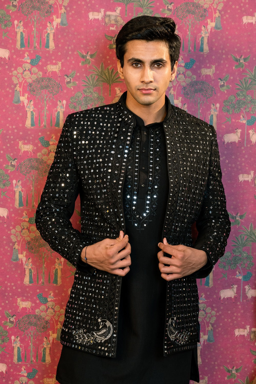 Black Satin Silk Indo Western Set with Mirror Embroidery