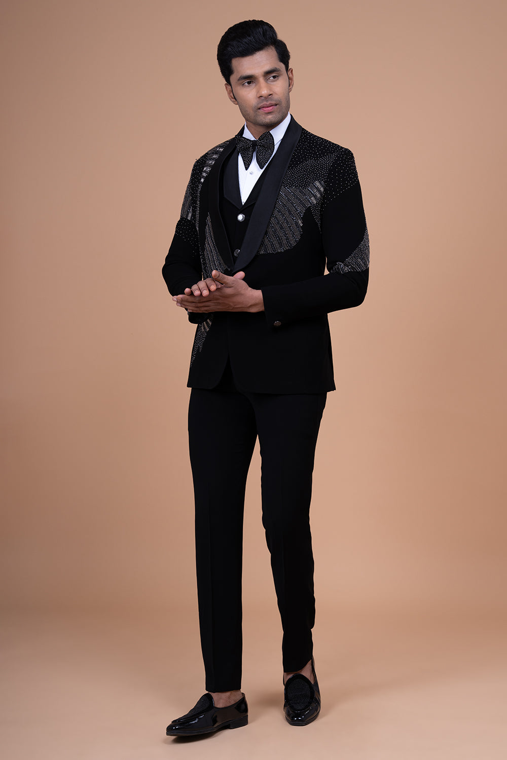 Black Shawl Lapel Velvet Tuxedo with Linear Stone and Bead Work