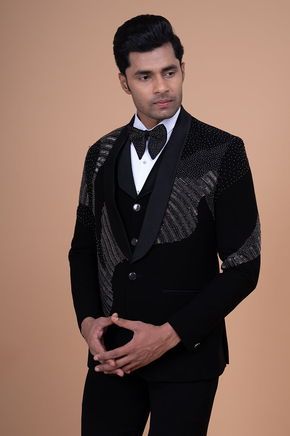 Black Shawl Lapel Velvet Tuxedo with Linear Stone and Bead Work