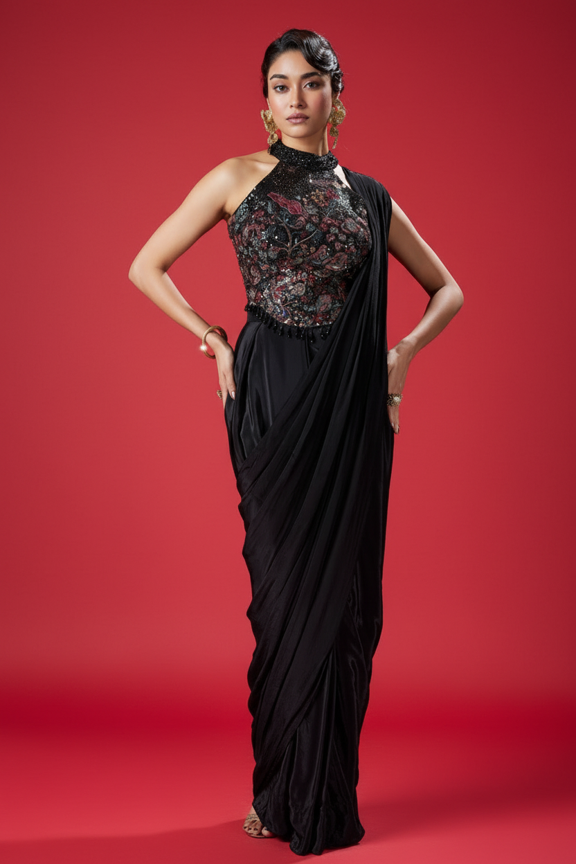 Black Silk Drape Saree with Thread and Sequins