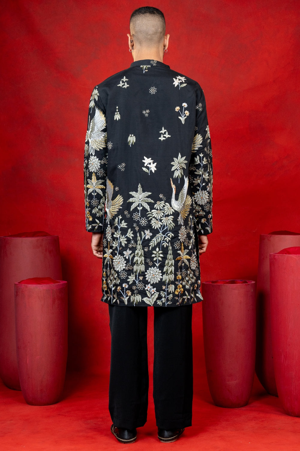 Black Silk Embroidered Kurta Set