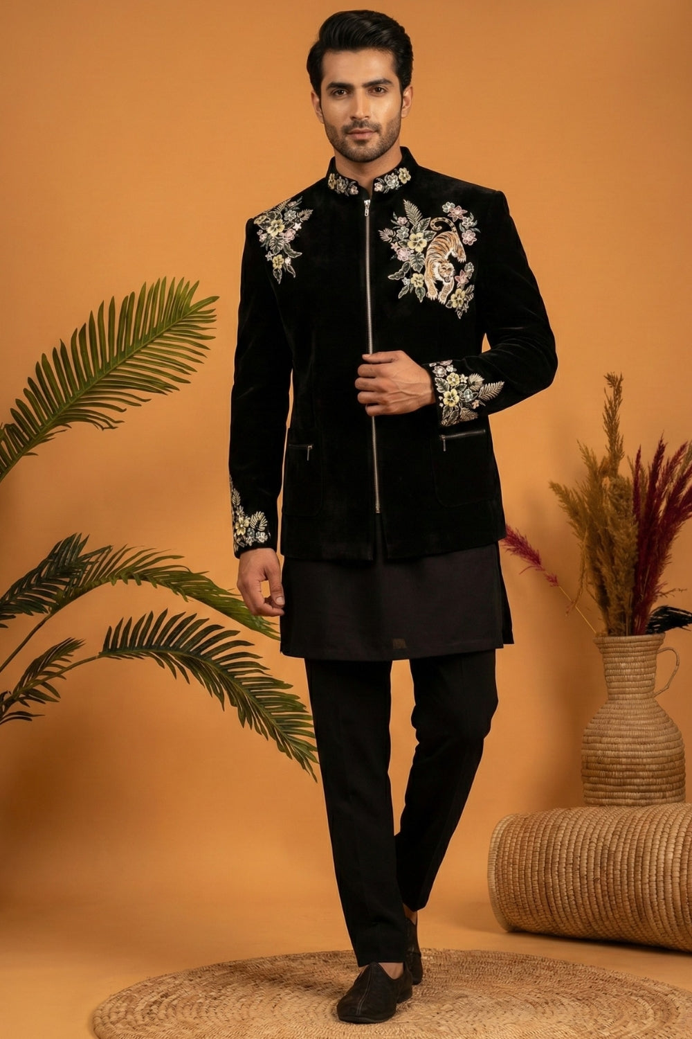 Black Silk Indo Western with Moti and Cutdana Work