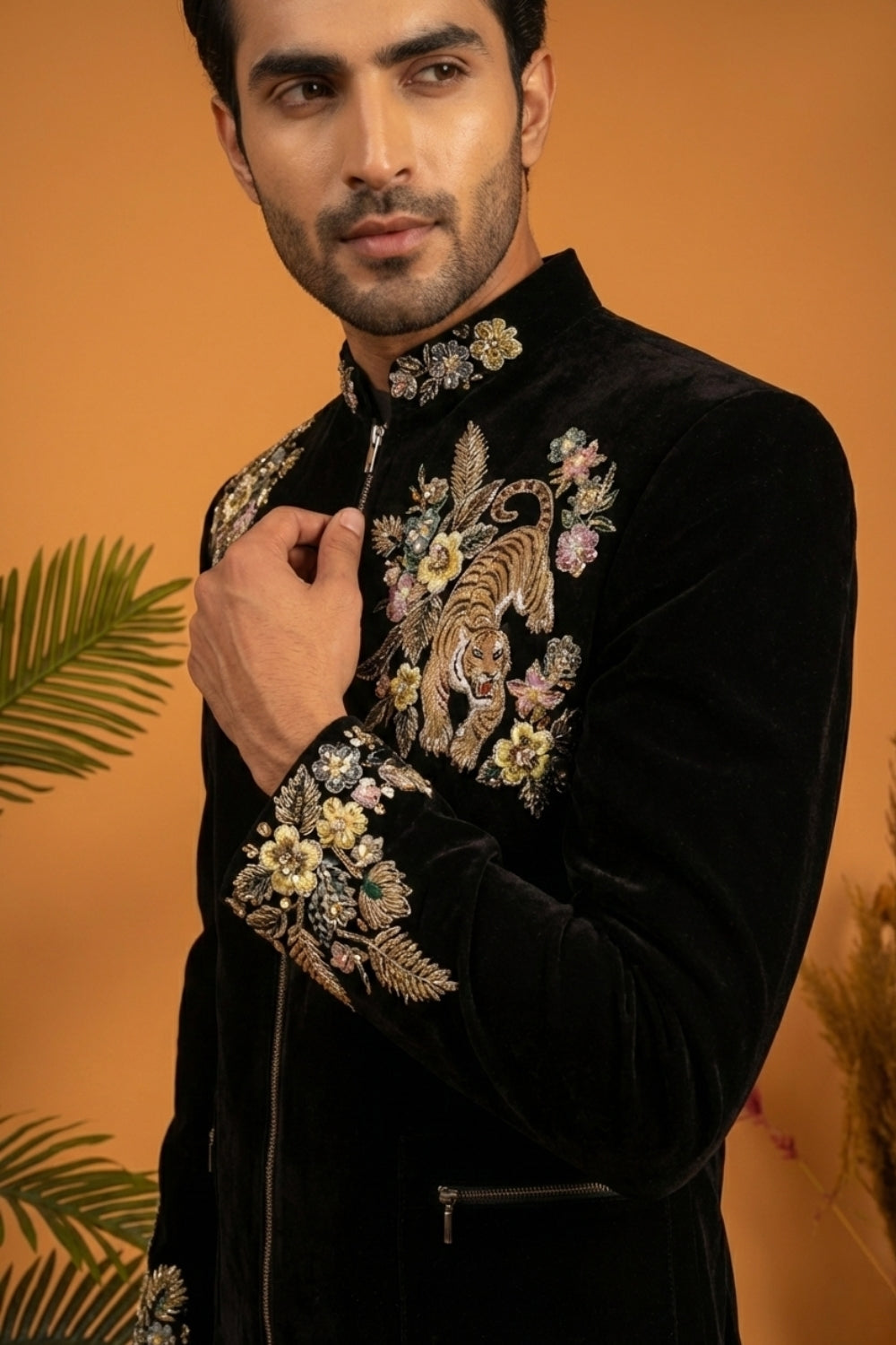 Black Silk Indo Western with Moti and Cutdana Work