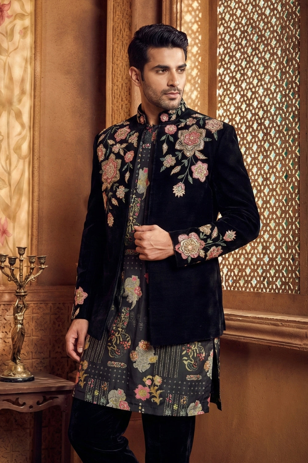 Black Silk Indo Westren with Moti and Resham Embroidery Work