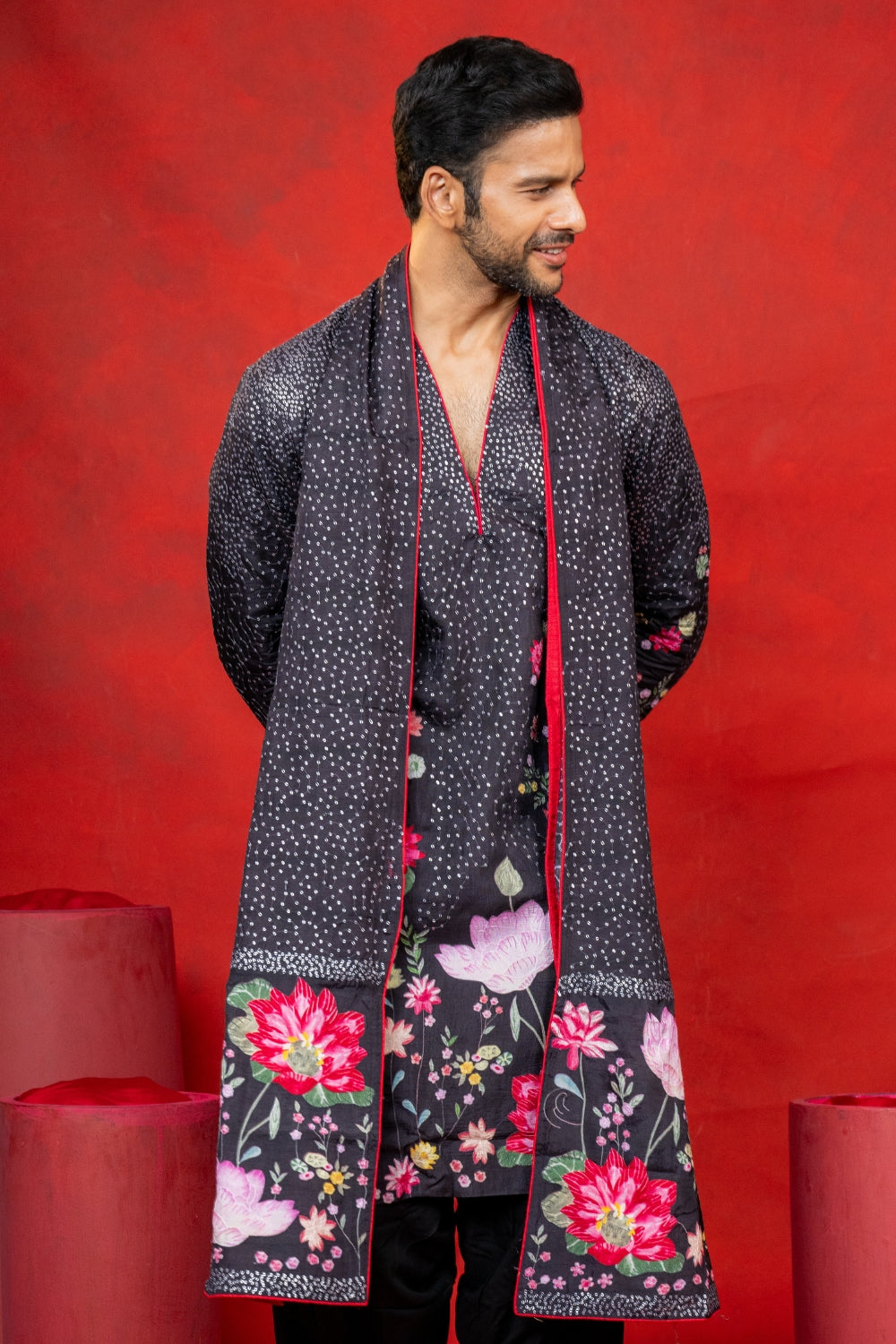 Black Silk Printed Kurta Set with Sequins Work