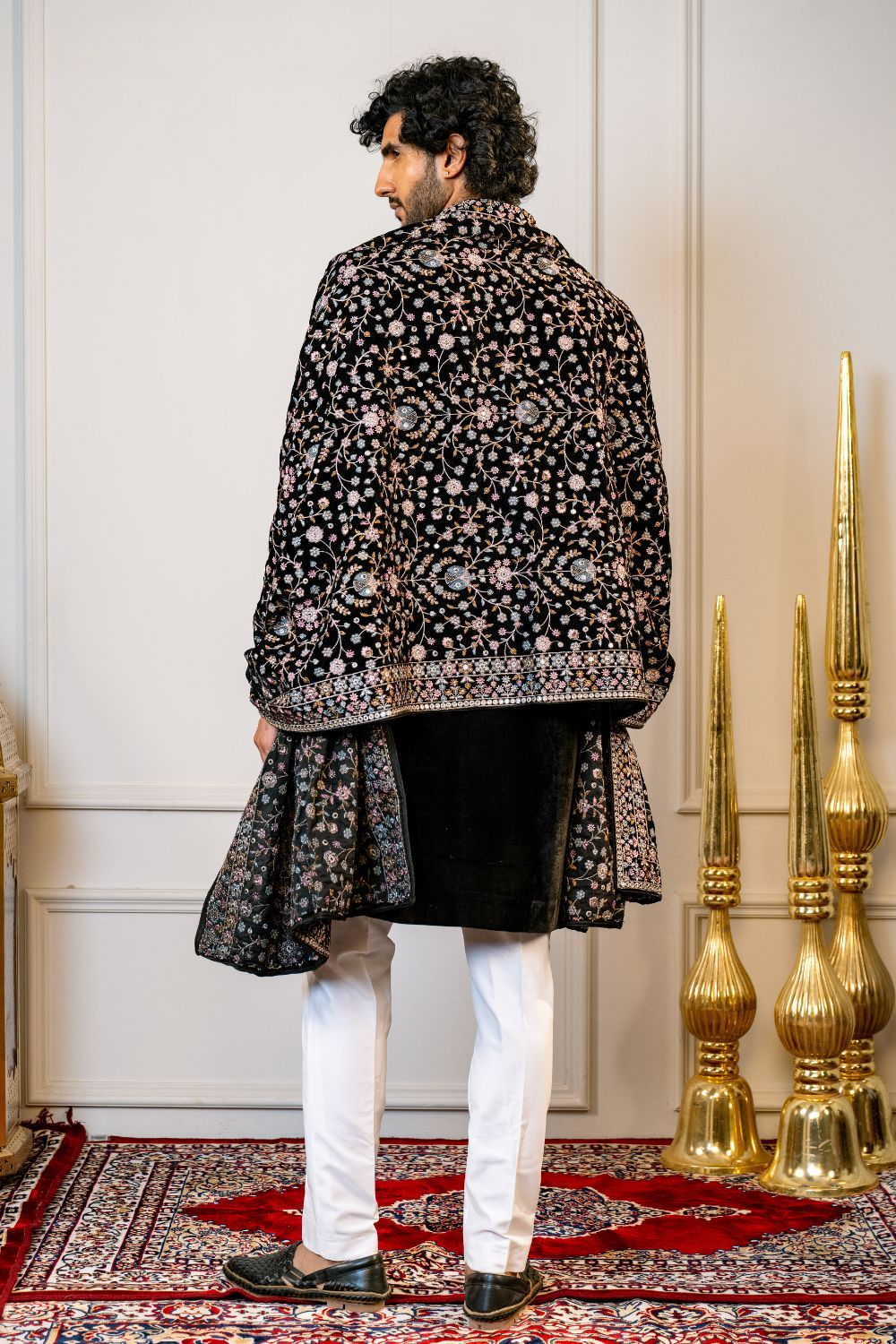 Black Soft Velvet Sherwani with Floral Embroidery