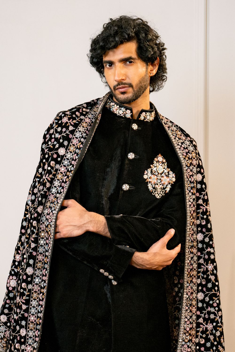 Black Soft Velvet Sherwani with Floral Embroidery