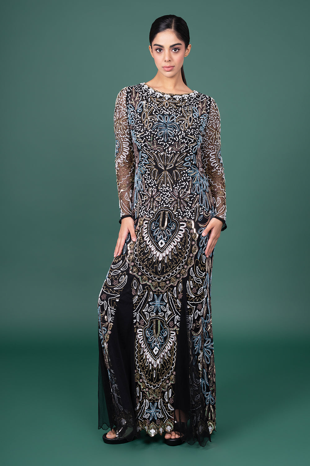Black Tulle Gown With Intricate Multi-Color Pastel Floral Threadwork And White Beads