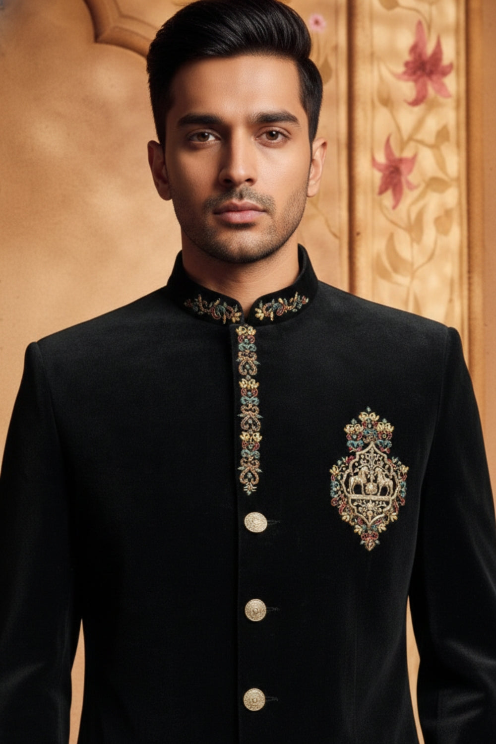 Black Velvet Jodhpuri Set with Moti and Cutdana Work