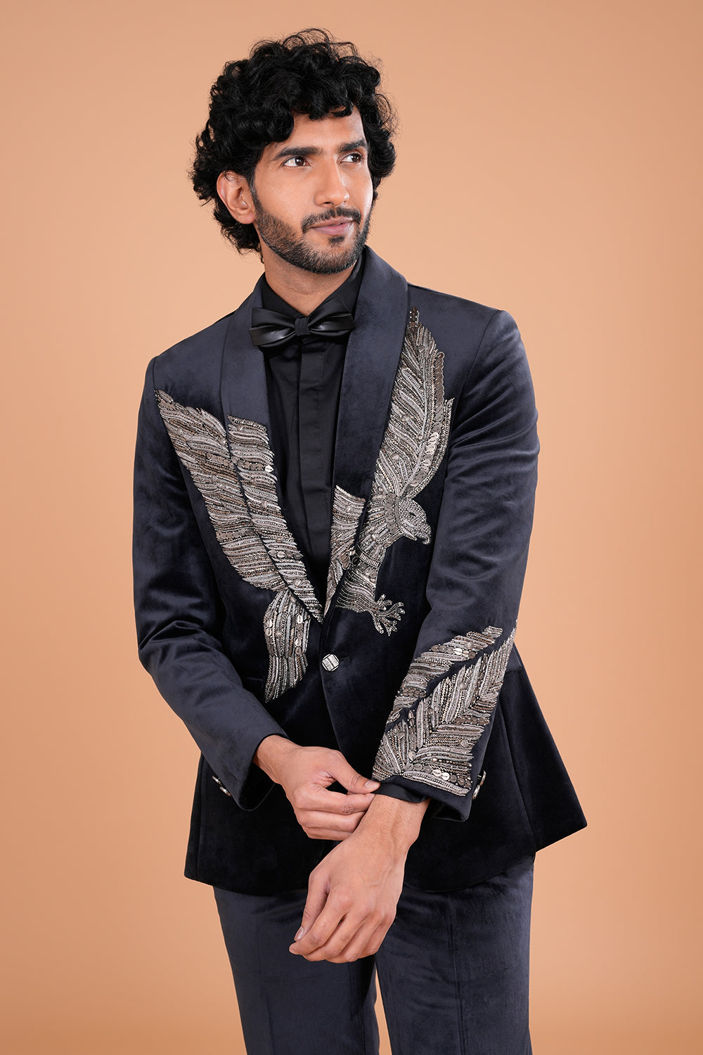 Black Velvet Tuxedo Set with Cut Dana & Salli Hand Embroidery