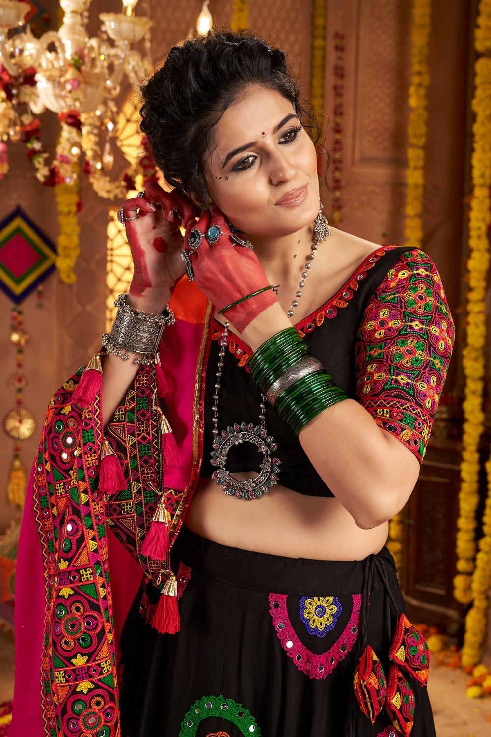 Black Viscose Cotton Navratri Lehenga Choli With Thread Embroidered And All Over Mirror