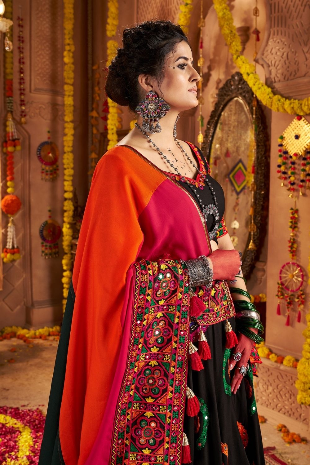 Black Viscose Cotton Navratri Lehenga Choli With Thread Embroidered And All Over Mirror