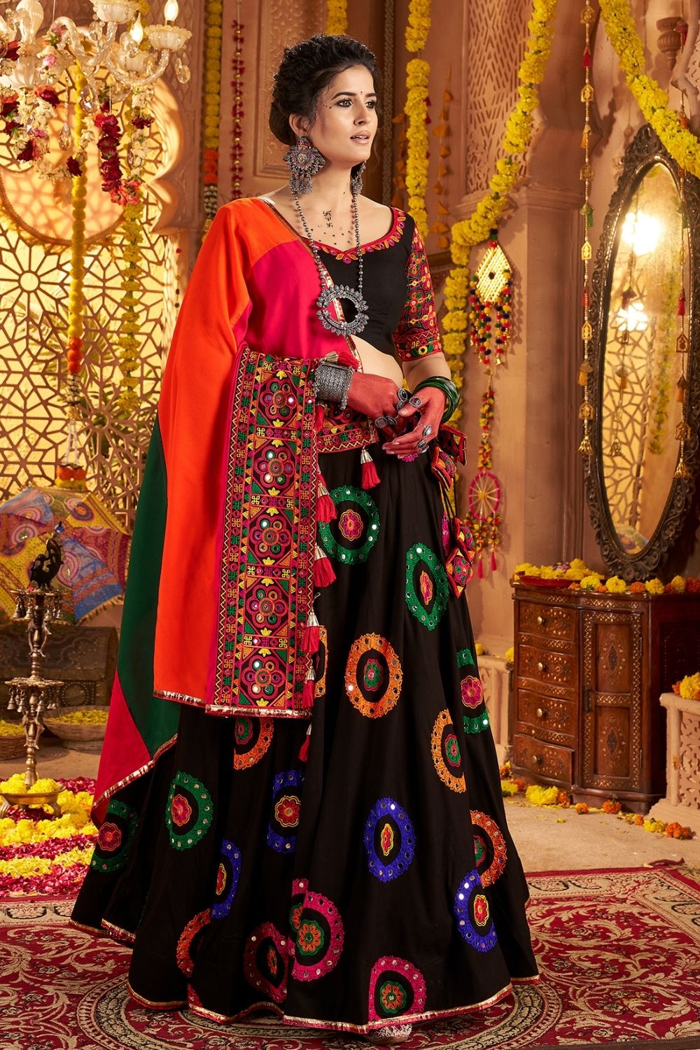 Black Viscose Cotton Navratri Lehenga Choli With Thread Embroidered And All Over Mirror