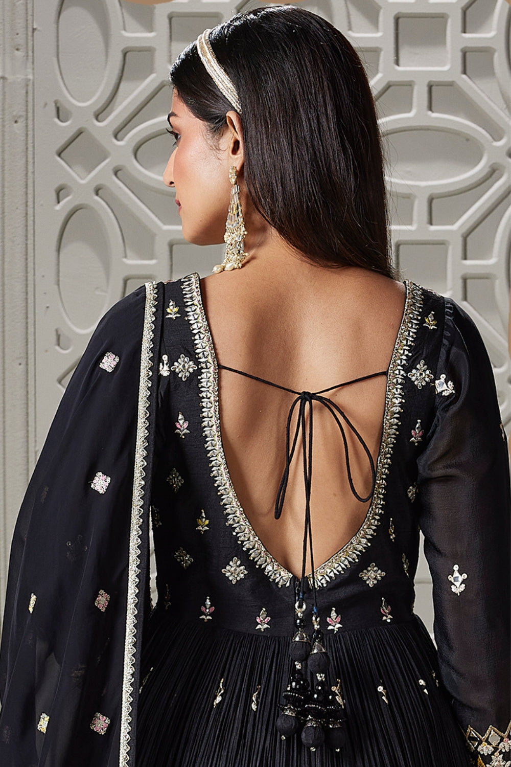 Black Chinon Anarkali Set with Sequins and Mirror Work